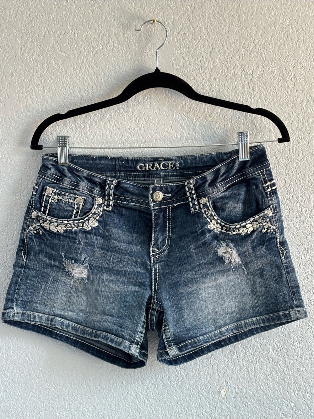 Grace Medium Blue Denim Shorts with Embellished Front Pockets - Size 28